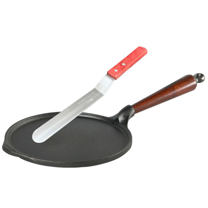Poêle crêpe en fonte Pg hêtre + Spatule inox coudée