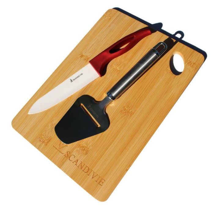 Planche à découper, couteau céramique et raclette à fromage