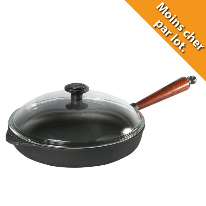 Poêle sauteuse fonte Ø 28 cm Pg hêtre + couvercle verre