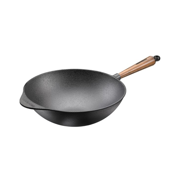 Poele wok en fonte Ø30 cm - Poignée Noyer
