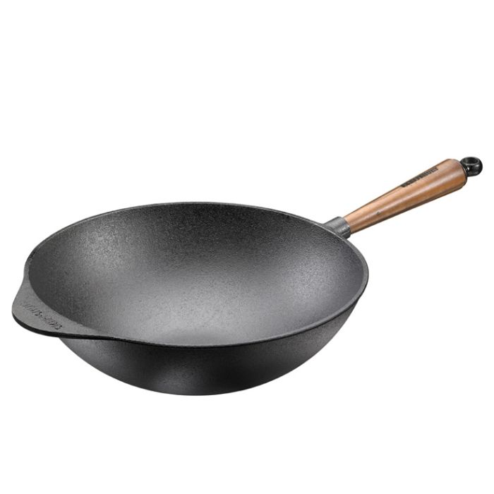 Poele wok en fonte Ø32 cm - Poignée Noyer