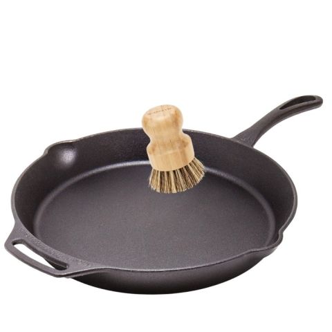 Grande poêle a frire en fonte avec brosse de nettoyage