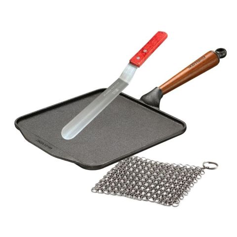 Lot poêle crêpe carrée avec spatule en inox et accessoire d'entretien fonte
