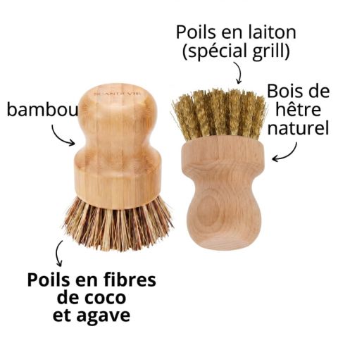 Brosse vaisselle écologique fibre agave, bambou et poils en laiton