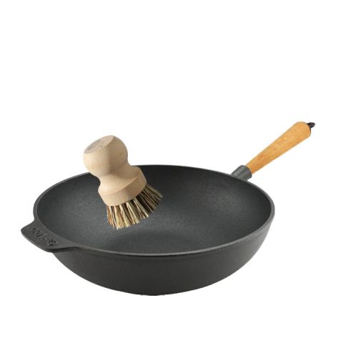 Poêle wok en fonte avec poignée bois et brosse
