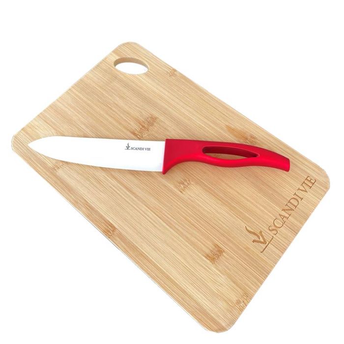 Planche à découper bambou et couteau céramique main product photo
