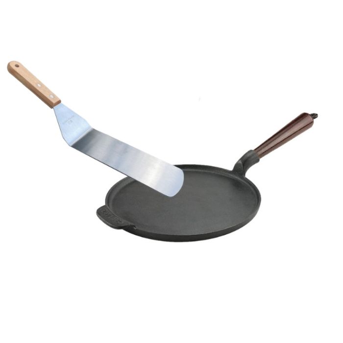 Crêpière 22 cm en fonte manche hêtre + spatule inox main product photo