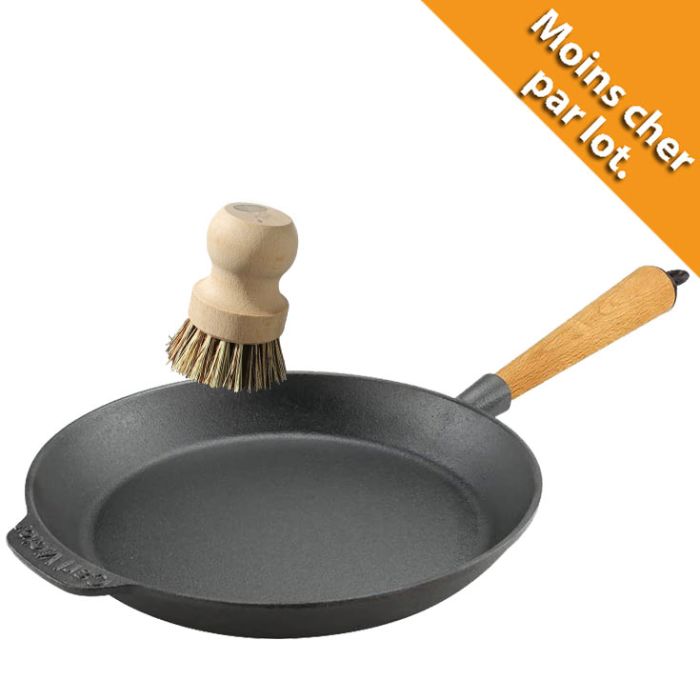 Poêle Ø 28 cm à frire en fonte - Poignée hêtre clair + Brosse de nettoyage main product photo