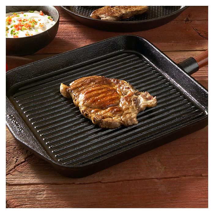Poêle à Griller OlBuWa Fonte 28 Cm - Acier Carbone Antiadhésif - Poignée Bois Pliable - Pour Steak Et Poisson