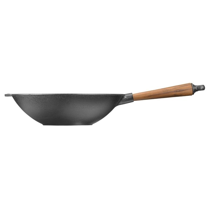 Poele wok en fonte avec poignée en noyer